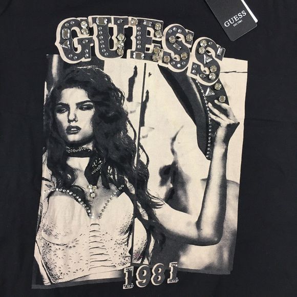 Guess Women's Short Sleeve Eco 1981 Western Girl Tee Rhinestone Black Small NWT - Picture 2 of 12